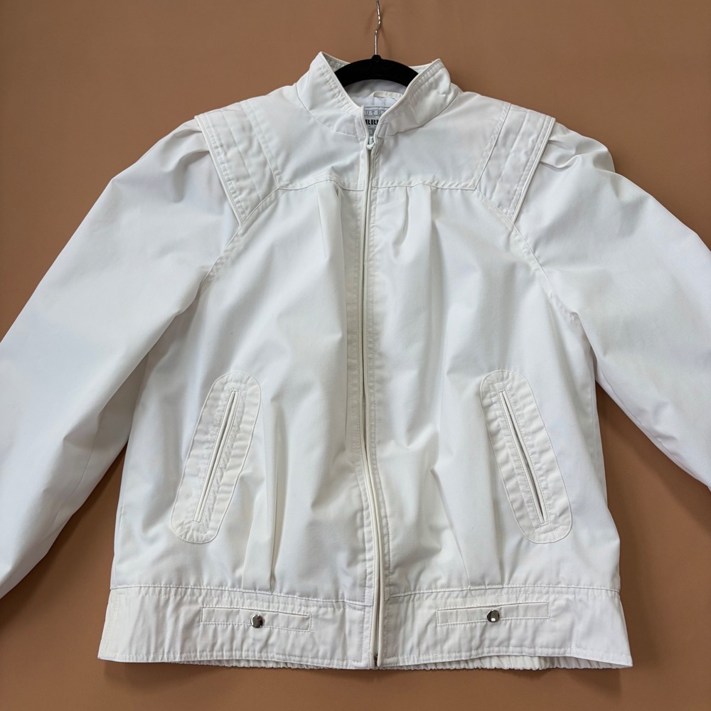 Vintage 80s Current Seen White Bomber Jacket Women Medium Pleated Shoulder Zip